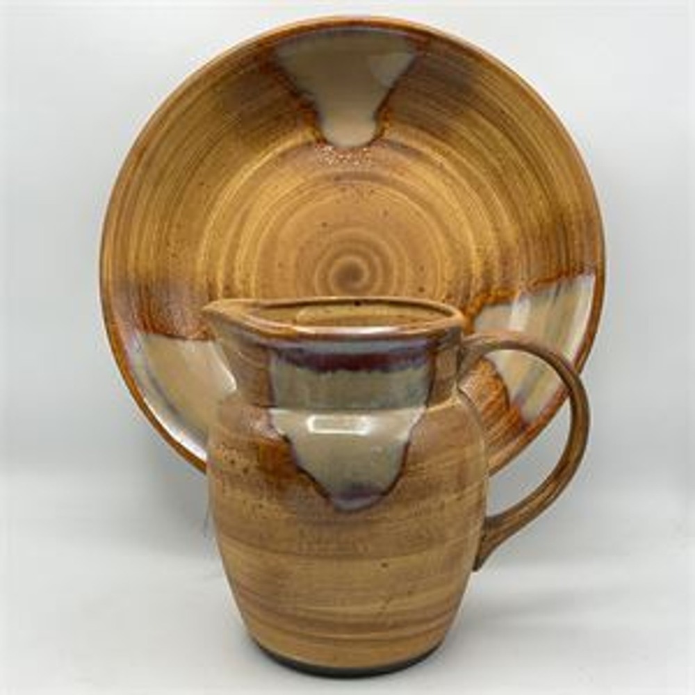 Sango Magma 4821 Stoneware Pitcher and Wash Basin Set Brown Reactive Glaze
